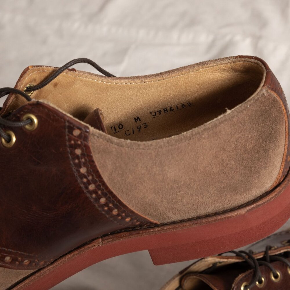 Vintage 90s Cole Haan Suede Saddle Oxford Brogue Shoes Tan Brown 10M Prep Trad - Picture 11 of 13
